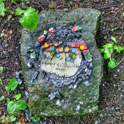 stone grave marker for pet with disintegrating tile, Lily Dale, NY