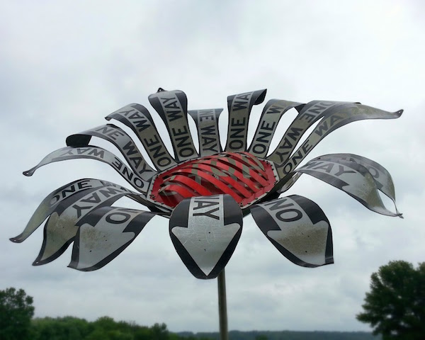 flower sculpture made from one way and stop roadsigns, Meadville, PA