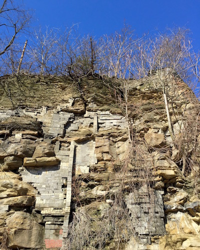 Hillside with embedded bricks and cinderblocks, Pittsburgh, PA