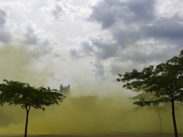 Peak of PPG Place seen through a cloud of yellow dust, Pittsburgh, PA