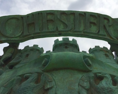 Manchester Bridge sculpture detail including a triple-towered castle masoned Argent from the seal of the City of Pittsburgh