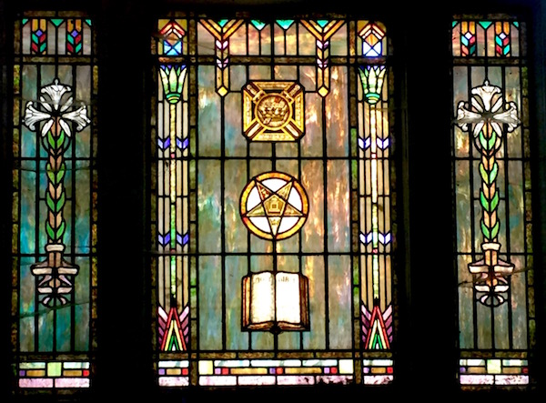 mausoleum stained glass with pentagram, Allegheny Cemetery, Pittsburgh, PA
