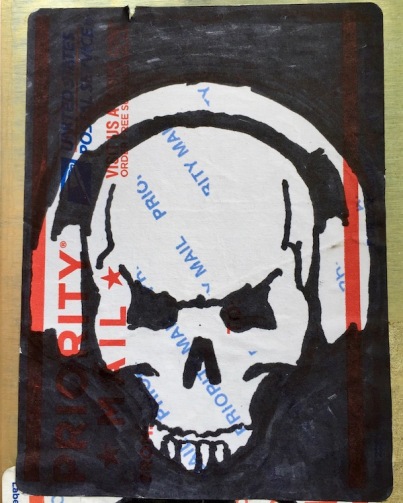 postal label with ink artwork of skull wearing headphones, Pittsburgh, PA