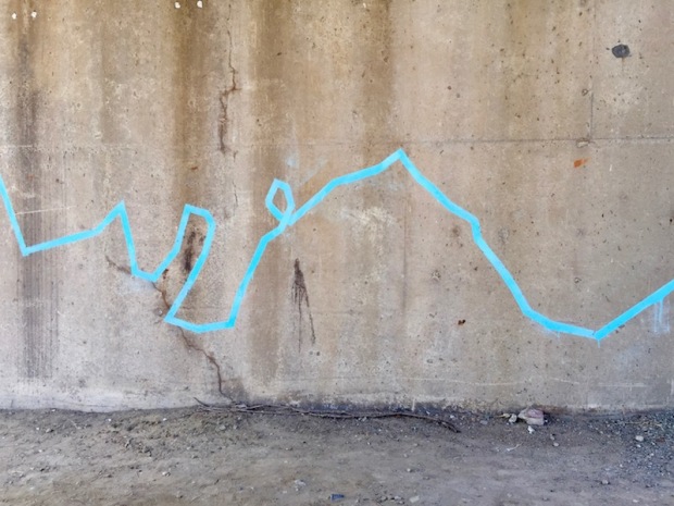 blue line painted on cement support for highway, Millvale, PA