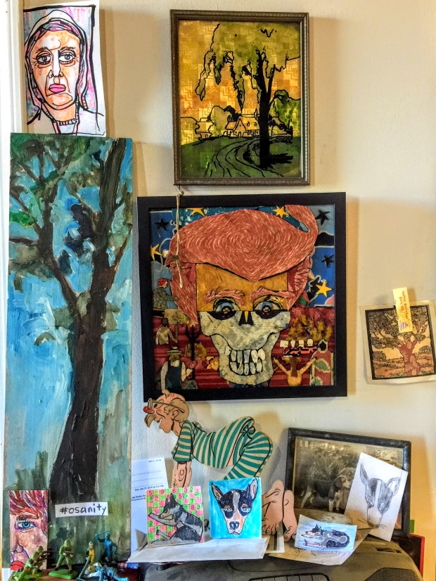 collection of small artworks on Bill Miller's studio wall, Pittsburgh, PA