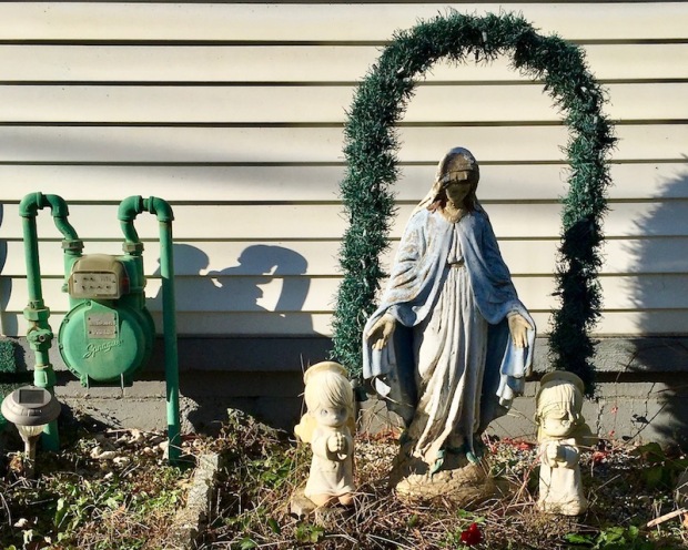 statuette of Mary in front yard of row house, McKees Rocks, PA