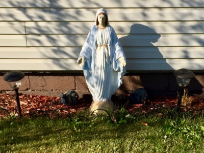 statuette of Mary in front yard of row house, McKees Rocks, PA