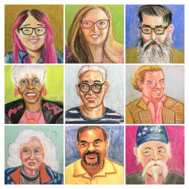 collage of 9 chalk pastel portraits created by Kirsten Ervin