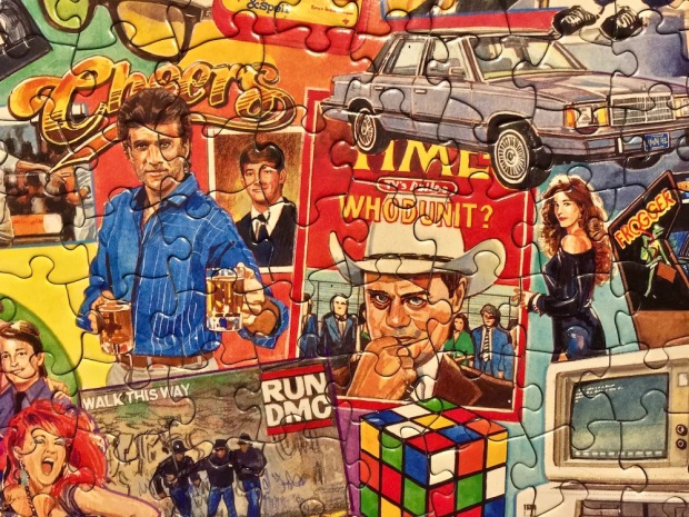 detail from jigsaw puzzle with pop culture images of the 1980s