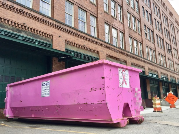 dumpster painted bright pink in front of large brick building