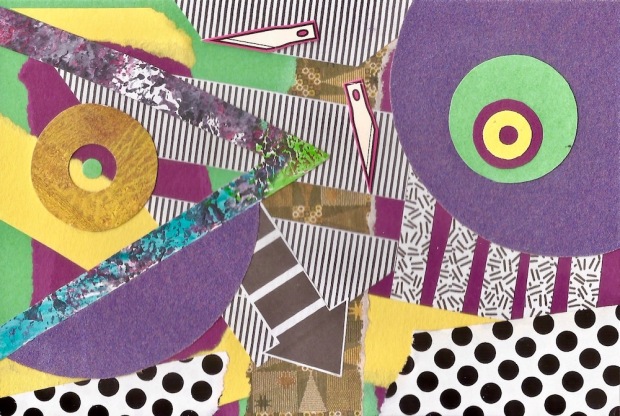 paper collage by artist Mark Janicko including layers of overlapping shapes and patterns