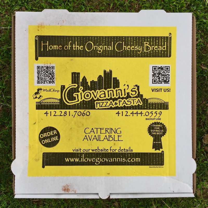 pizza box including logo of downtown Pittsburgh skyline