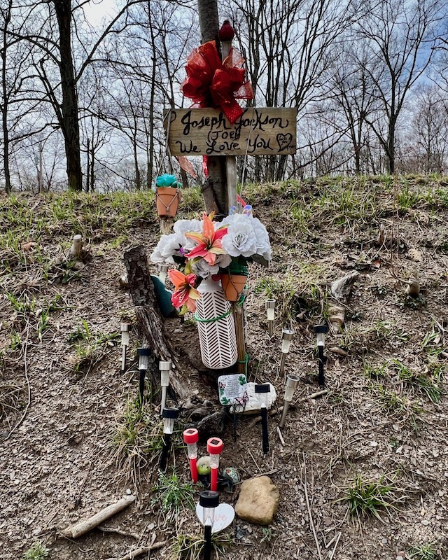 roadside memorial with flowers and large red bow