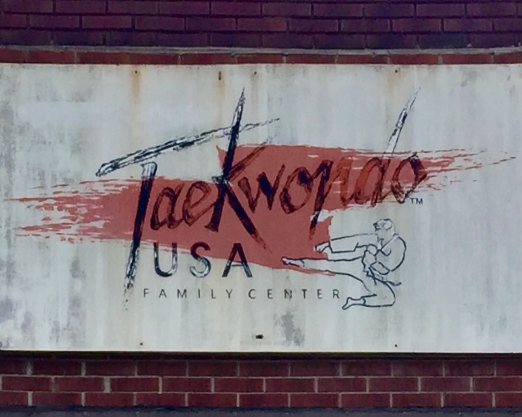sign for Taekwondo USA Family Center with man performing flying kick