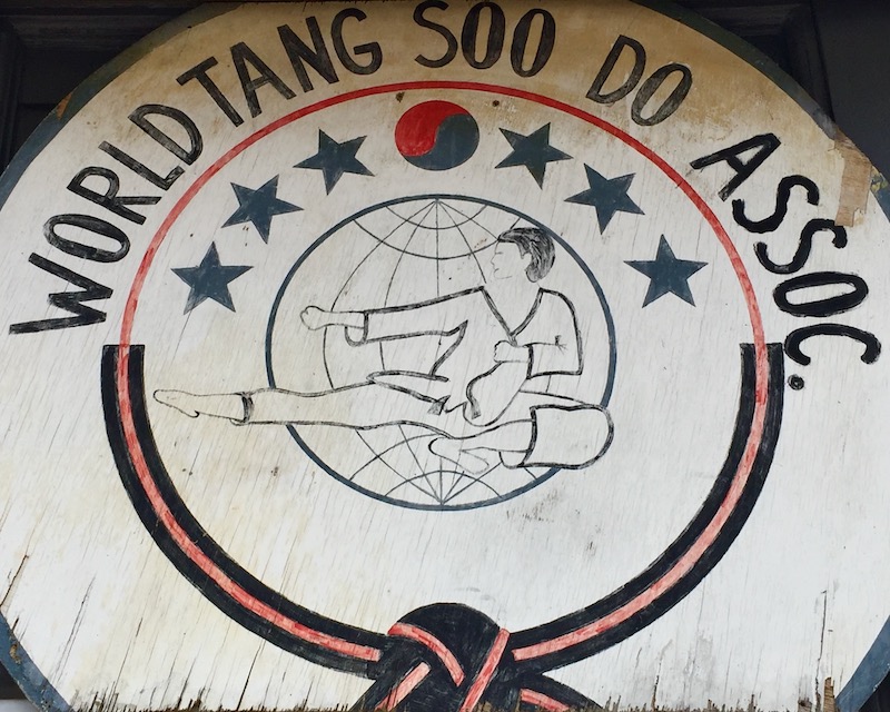 hand-painted wooden sign for martial arts organization