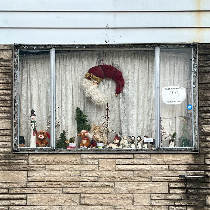 rowhouse window decorated for Christmas