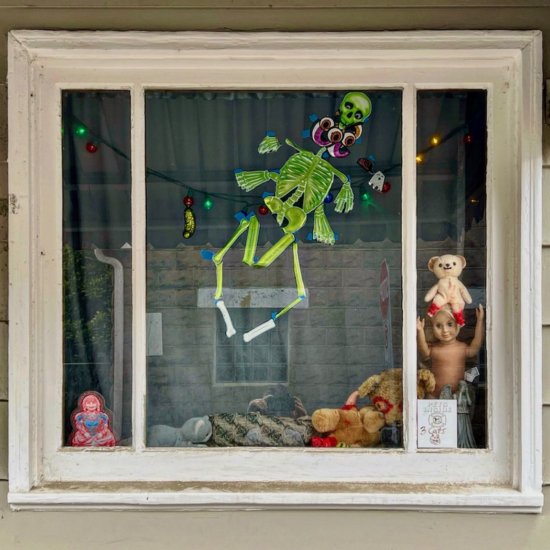 rowhouse window decorated with skeleton, baby dolls, stuffed animals