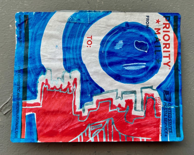 postal label drawn with skyline of downtown Pittsburgh