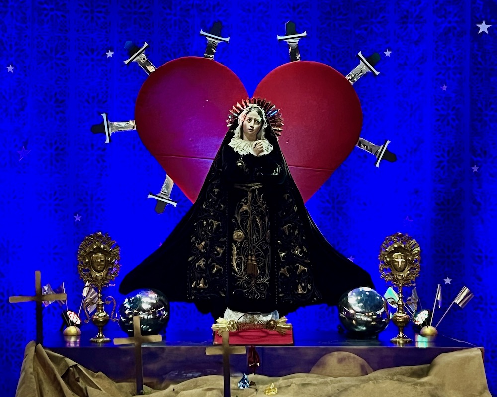 dramatic installation of Mary with heart and daggers in Catholic basilica